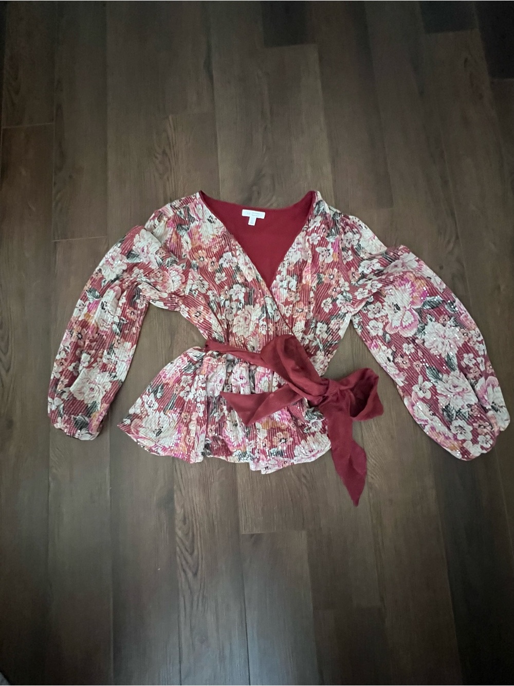 LC Lauren Conrad Rose Red Floral Wrap Peplum Blouse